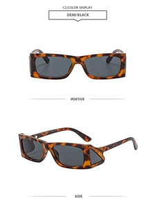 Detail of tortoise shell rectangle sunglasses featuring unique hollow triangle temples