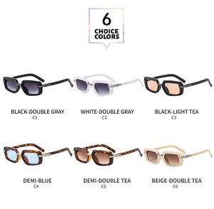 Detail view of six color options for square retro sunglasses with embossed metal temples