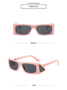 Front and side view of pink rectangular sunglasses with hollow triangle temple design