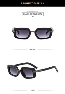 Close-up of vintage square sunglasses with floral metal relief on the black temples