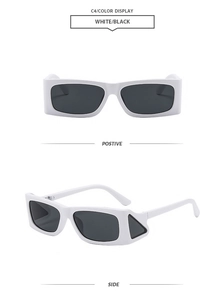 Detailed view of white rectangular sunglasses featuring unique hollow triangle side joints
