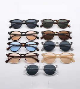 Matrix display of vintage round frame sunglasses in various colors and trendy finishes