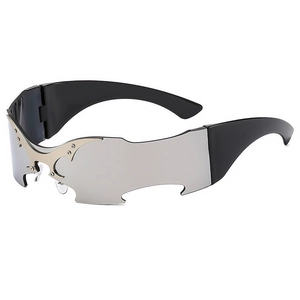 Punk bat wing rimless sunglasses with silver mirrored lenses and futuristic metal bridge
