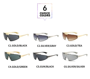 Front view showing six color variations of futuristic rimless metal punk sunglasses