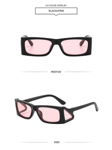 Rectangle black sunglasses with pink lenses and hollow triangle temple detail