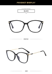 Detail of classic black square glasses frame with gold woven texture metal temples