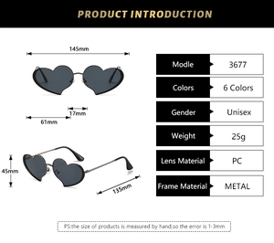 Dimensions détaillées et vue latérale des lunettes de soleil coeur en métal