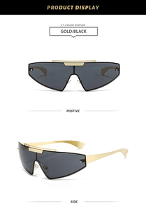Front and side views of punk style gold frame wrap around sunglasses with black lenses