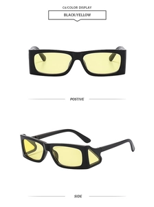 Hip-hop sunglasses with black frame, yellow lenses and hollow triangle side detail