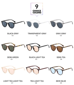 Nine stylish color variations of retro round frame sunglasses with UV protection lenses