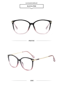 Front and side views of square cat-eye glasses frames in black and pink gradient color