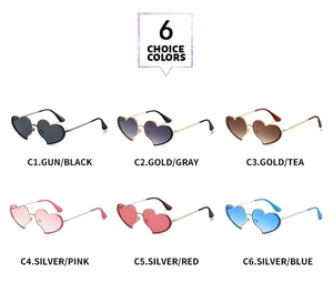 Détail de lunettes de soleil en métal en forme de cœur en six coloris de verres dégradés