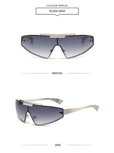 Futuristic silver-gray rimless wrap-around sunglasses shown from positive and side angles