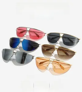 Detailed close-up of colorful futuristic semi-rimless sunglasses with sleek metal frames