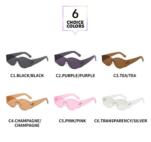 Detailed view of six color options for rimless wave-shaped futuristic sunglasses