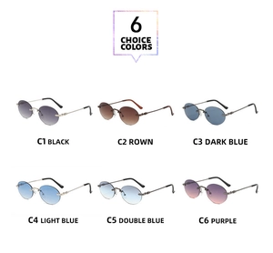 Six paires de lunettes de soleil ovales sans monture en diverses couleurs et métal