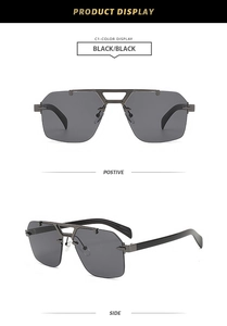 Detail view of retro metal double bridge sunglasses with black geometric frameless lenses
