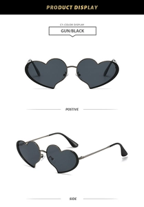 Détails de lunettes de soleil en cœur avec monture en métal gris et verres noirs