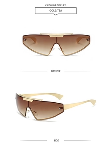 Front and side views of gold rimless oversized punk sunglasses with gradient brown lenses
