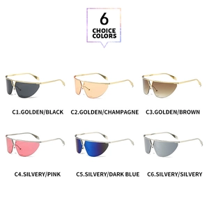 Detailed grid display showing six color variants of futuristic semi-rimless sunglasses