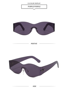 Front and side views of purple futuristic rimless sunglasses with wide lenses