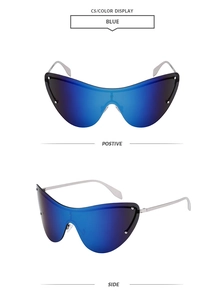 Blue rimless one-piece sunglasses with metallic silver temples and mirror lens