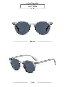 Detail view of transparent grey round sunglasses with dark grey lenses and metal hinges