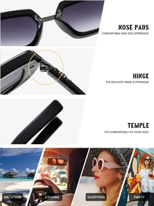 Detail view of reinforced metal hinges and ergonomic temples on black square sunglasses