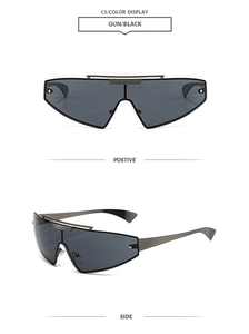 Detailed front and side views of gunmetal punk futuristic rimless wrap sunglasses
