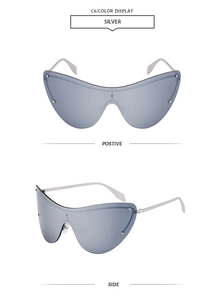 Detailed views of silver rimless shield sunglasses with sleek metallic temples