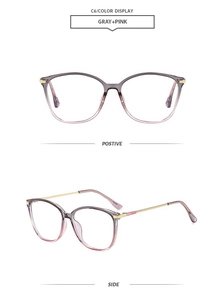 Front and side views of square blue light blocking glasses with gray-pink gradient frame