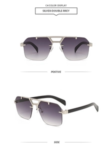 Detail of silver double-bridge pilot sunglasses with grey-purple gradient lenses