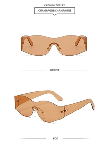 Multiple views of champagne rimless futuristic wave sunglasses with metal hinges