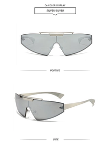 Front and side views of futuristic frameless silver mirror wrap sunglasses
