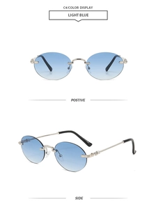Détail de lunettes de soleil sans monture bleu dégradé avec branches en métal argenté