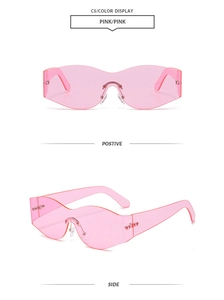 Detailed views of pink rimless futuristic sports sunglasses with sleek one-piece shield design