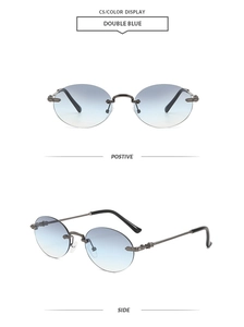 Détails des lunettes de soleil rondes sans monture avec verres dégradés bleus et branches ornées