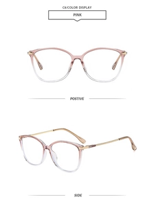 Pink gradient cat-eye blue light blocking glasses with gold metal temples side and front view