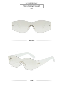 Front and side view of frameless shield sunglasses with wave-edge transparent lenses