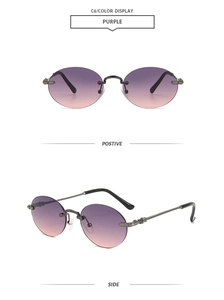 Détails des lunettes de soleil rondes sans monture avec dégradé violet et branches gravées