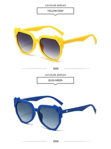 Detail view of colorful geometric sunglasses frames with faceted edges and gradient lenses