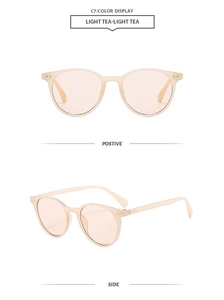 Detailed views of vintage round frame sunglasses in light tea color from two angles