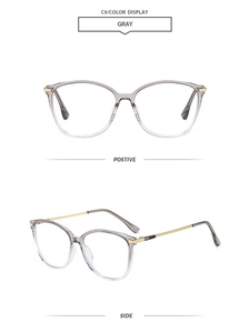 Detail view of transparent gray square frame glasses with textured golden metal temples