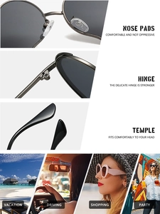 Détails de lunettes de soleil cœur avec plaquettes, charnières et scènes de style de vie
