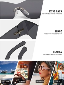 Detail view of reinforced hinges and comfy nose pads on futuristic rimless sunglasses