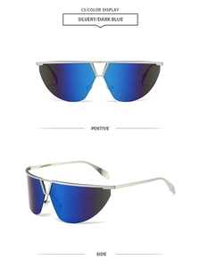 Close-up of semi-rimless sunglasses with double bridge metal frame and blue mirrored lenses