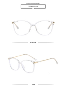 Detailed front and side views of transparent square blue light blocking glasses with gold temples