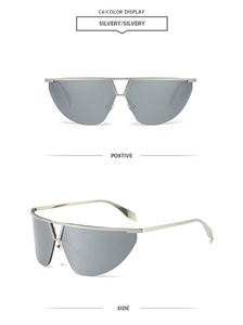 Detailed front and side views of futuristic silver semi-rimless sunglasses with mirror lenses