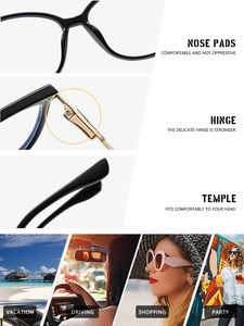Detail of blue light blocking glasses featuring nose pads, hinges, and ergonomic temples