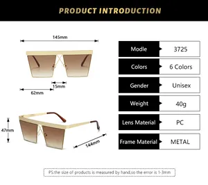 Detailed size chart for square metal sunglasses showing 145mm frame width and 144mm temples
